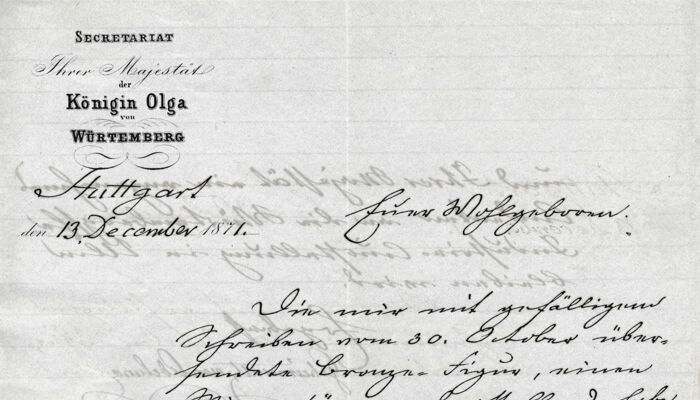 Auszug Dankesbrief Königin Olga von Württemberg 1871